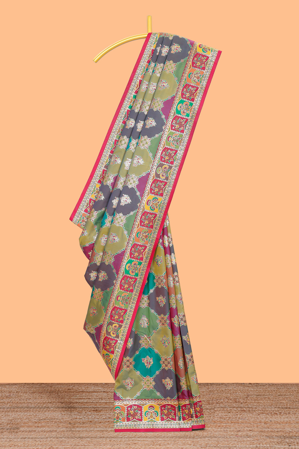 Multicolor traditional grid pattern banarasi silk saree with intricate contrast zari border and matching blouse