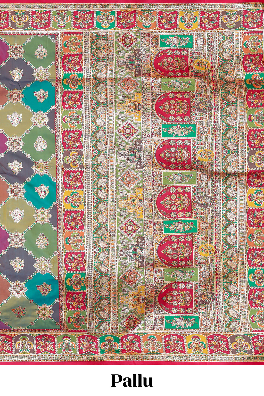 Multicolor traditional grid pattern banarasi silk saree with intricate contrast zari border and matching blouse