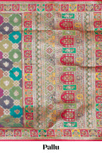 Multicolor traditional grid pattern banarasi silk saree with intricate contrast zari border and matching blouse