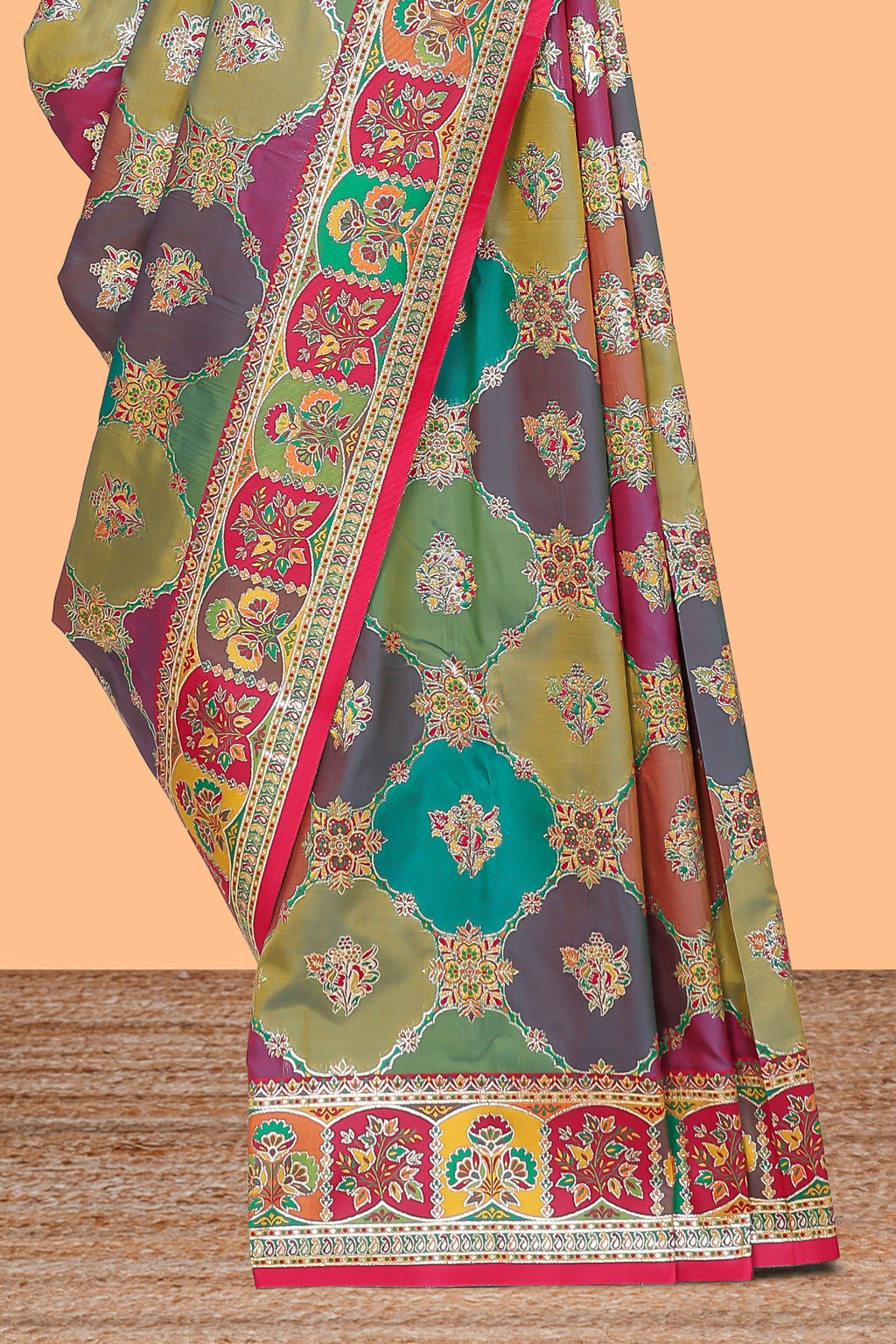 Multicolor traditional grid pattern banarasi silk saree with intricate contrast zari border and matching blouse
