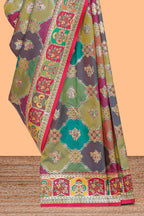Multicolor traditional grid pattern banarasi silk saree with intricate contrast zari border and matching blouse