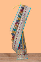 Mauve multicolor striped banarasi silk saree with intricate contrast zari border and blouse