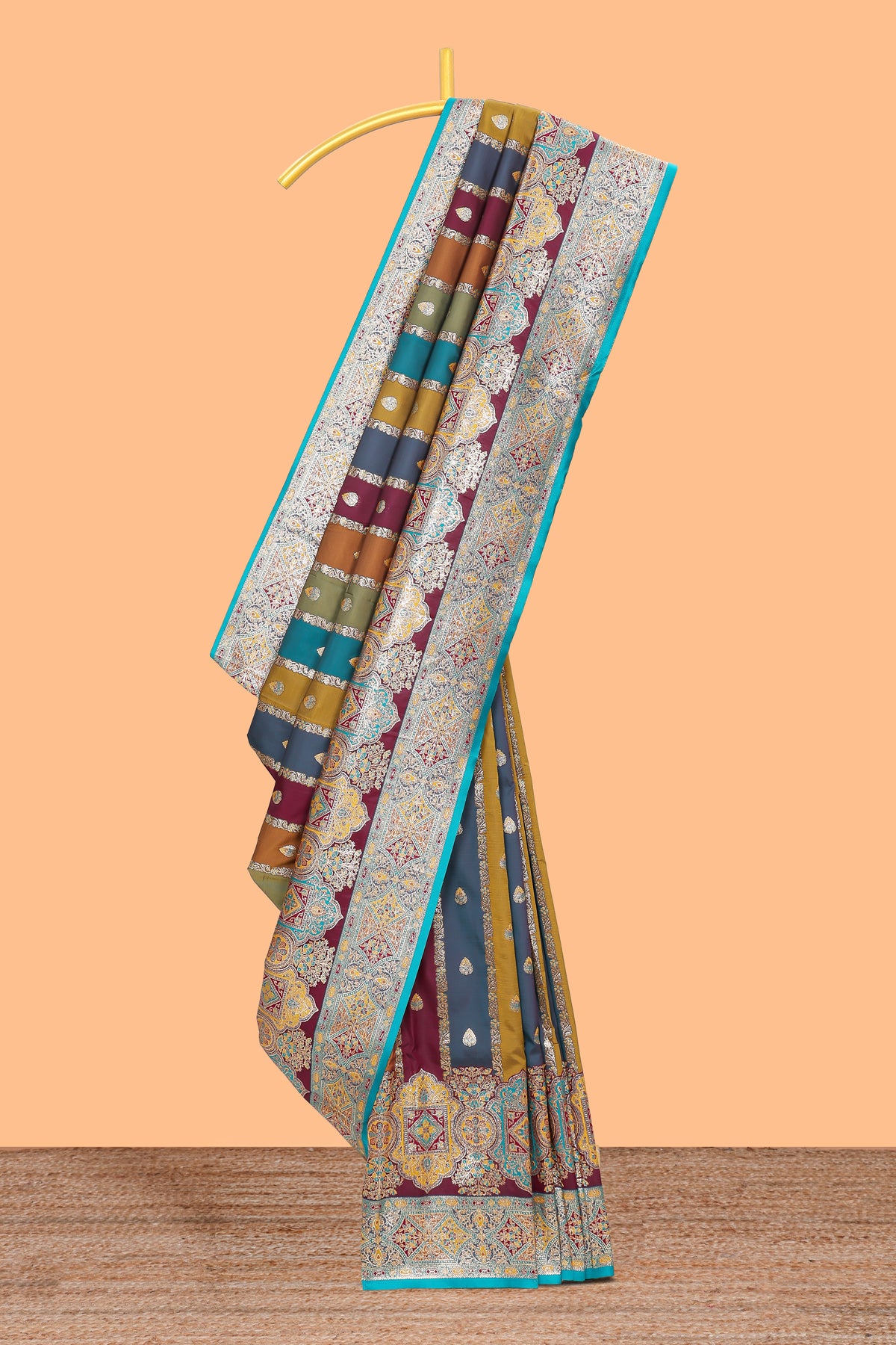 Mauve multicolor striped banarasi silk saree with intricate contrast zari border and blouse