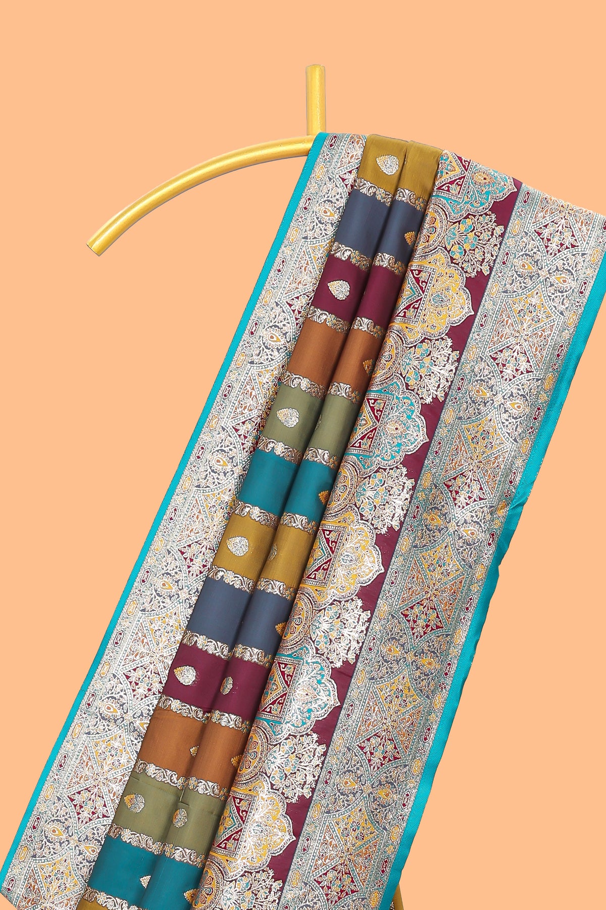 Mauve multicolor striped banarasi silk saree with intricate contrast zari border and blouse