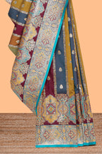 Mauve multicolor striped banarasi silk saree with intricate contrast zari border and blouse
