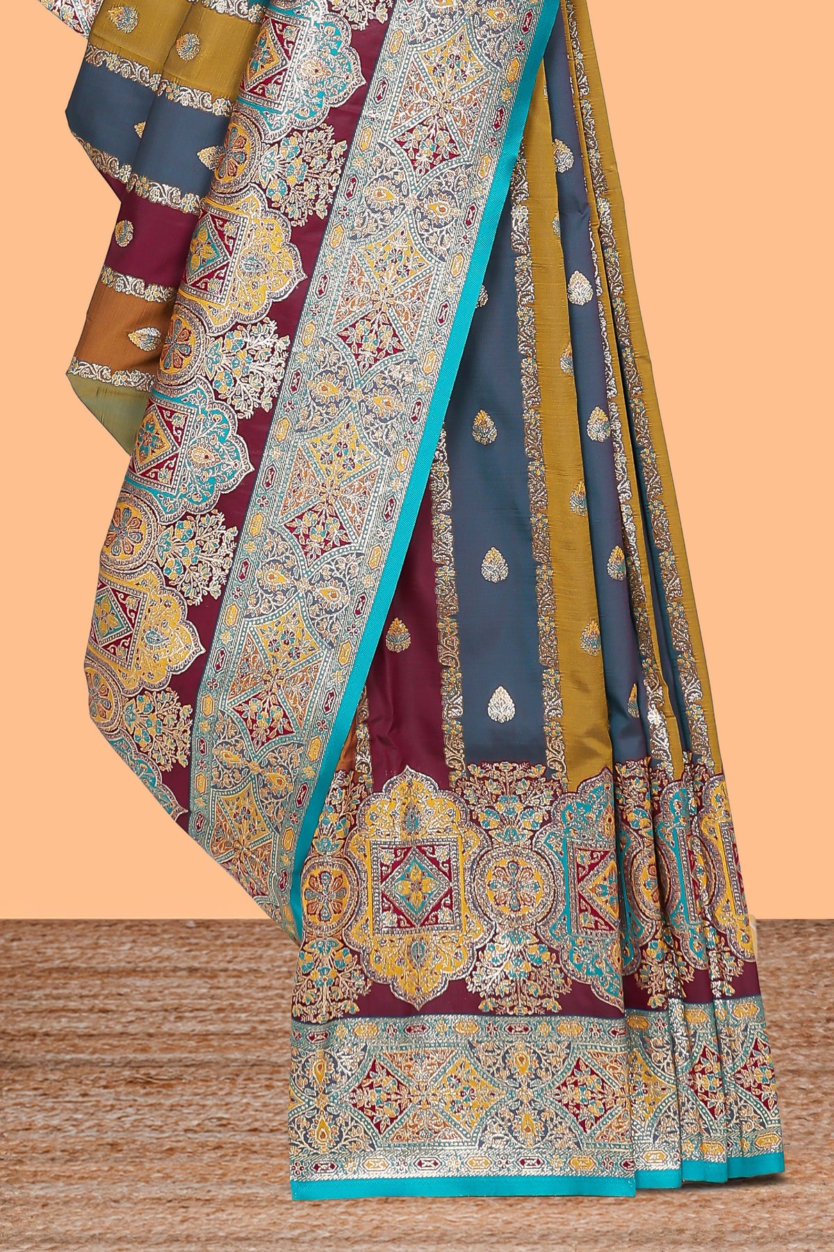 Mauve multicolor striped banarasi silk saree with intricate contrast zari border and blouse