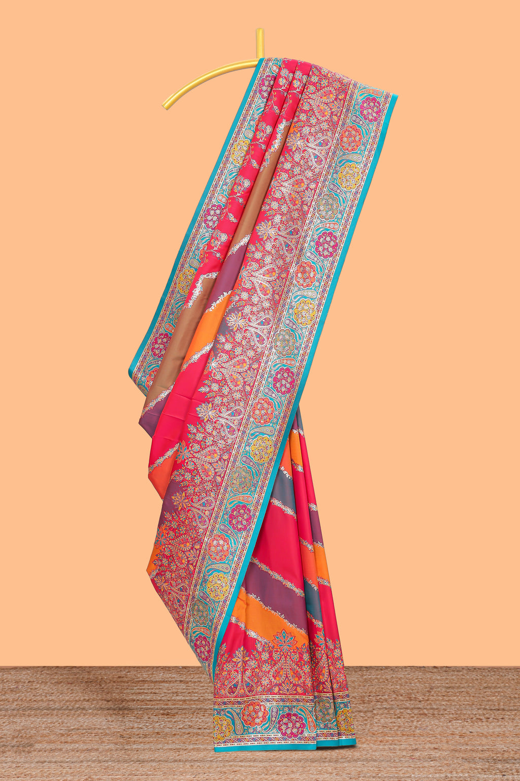 Multicolor floral vines designed banarasi silk saree with intricate contrast floral border and blouse