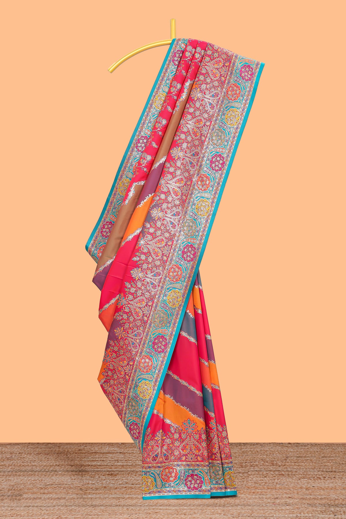 Multicolor floral vines designed banarasi silk saree with intricate contrast floral border and blouse
