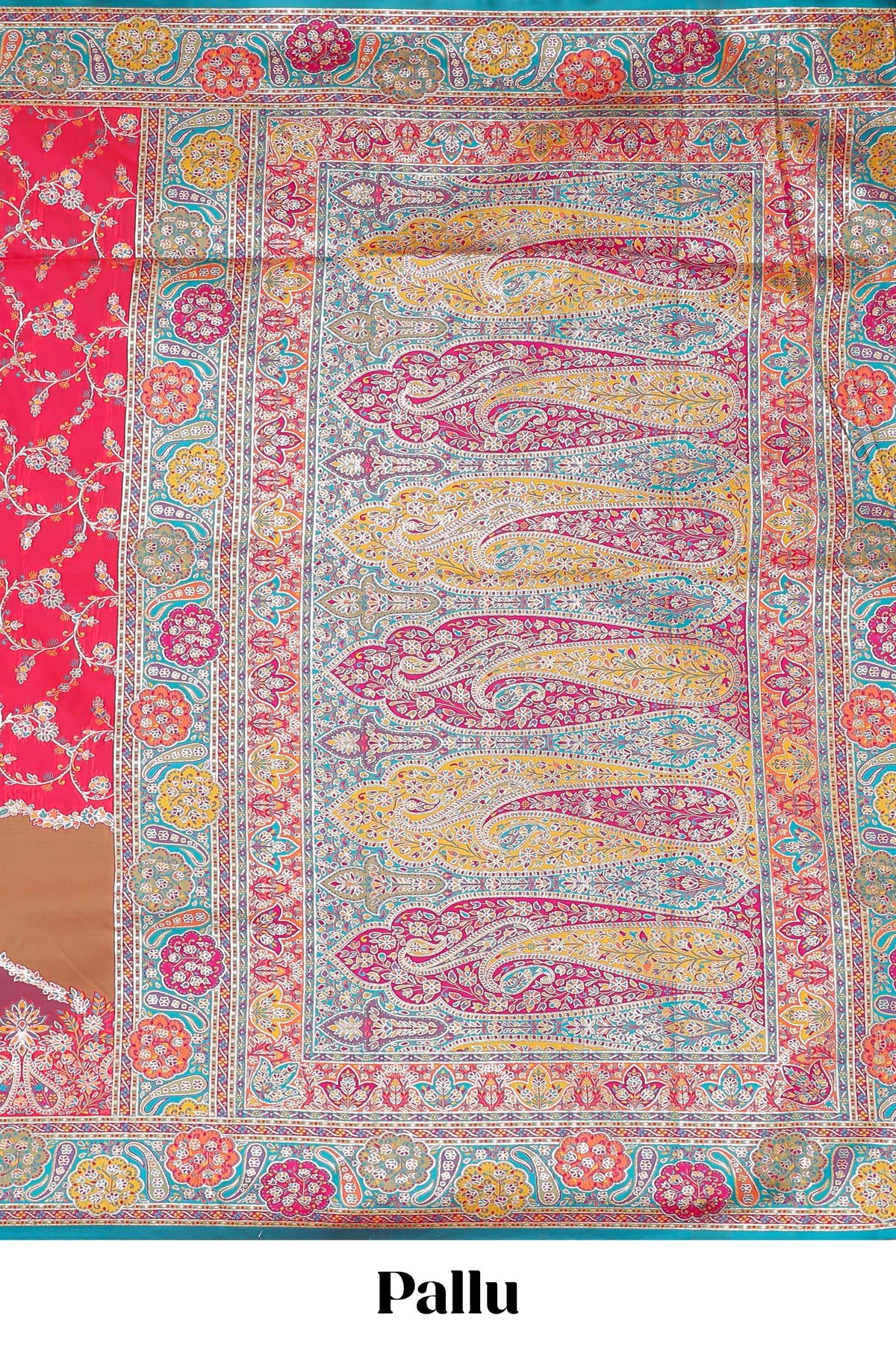 Multicolor floral vines designed banarasi silk saree with intricate contrast floral border and blouse