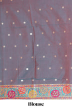 Multicolor floral vines designed banarasi silk saree with intricate contrast floral border and blouse