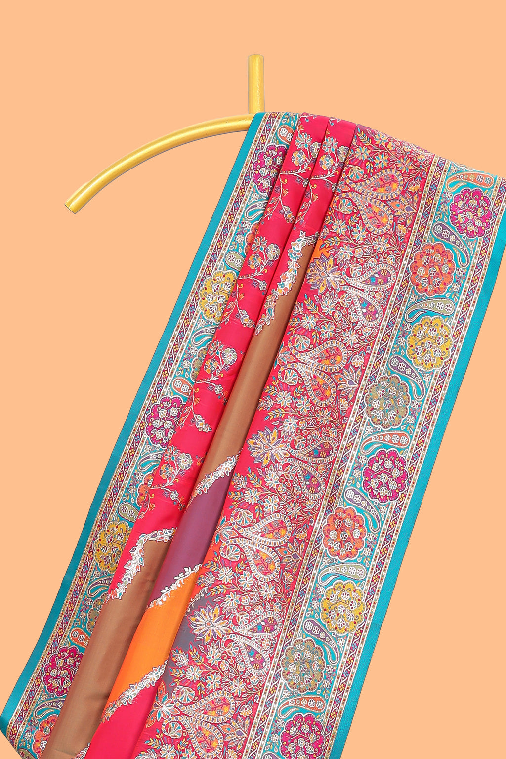 Multicolor floral vines designed banarasi silk saree with intricate contrast floral border and blouse