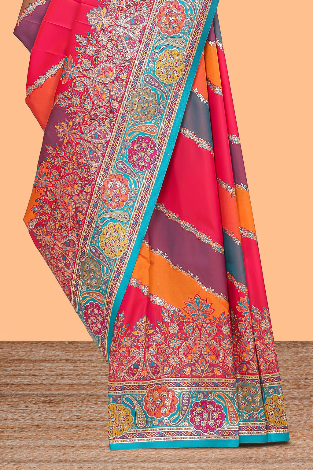 Multicolor floral vines designed banarasi silk saree with intricate contrast floral border and blouse