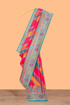 Multicolor floral vines designed banarasi silk saree with intricate contrast leaf motifs border and blouse