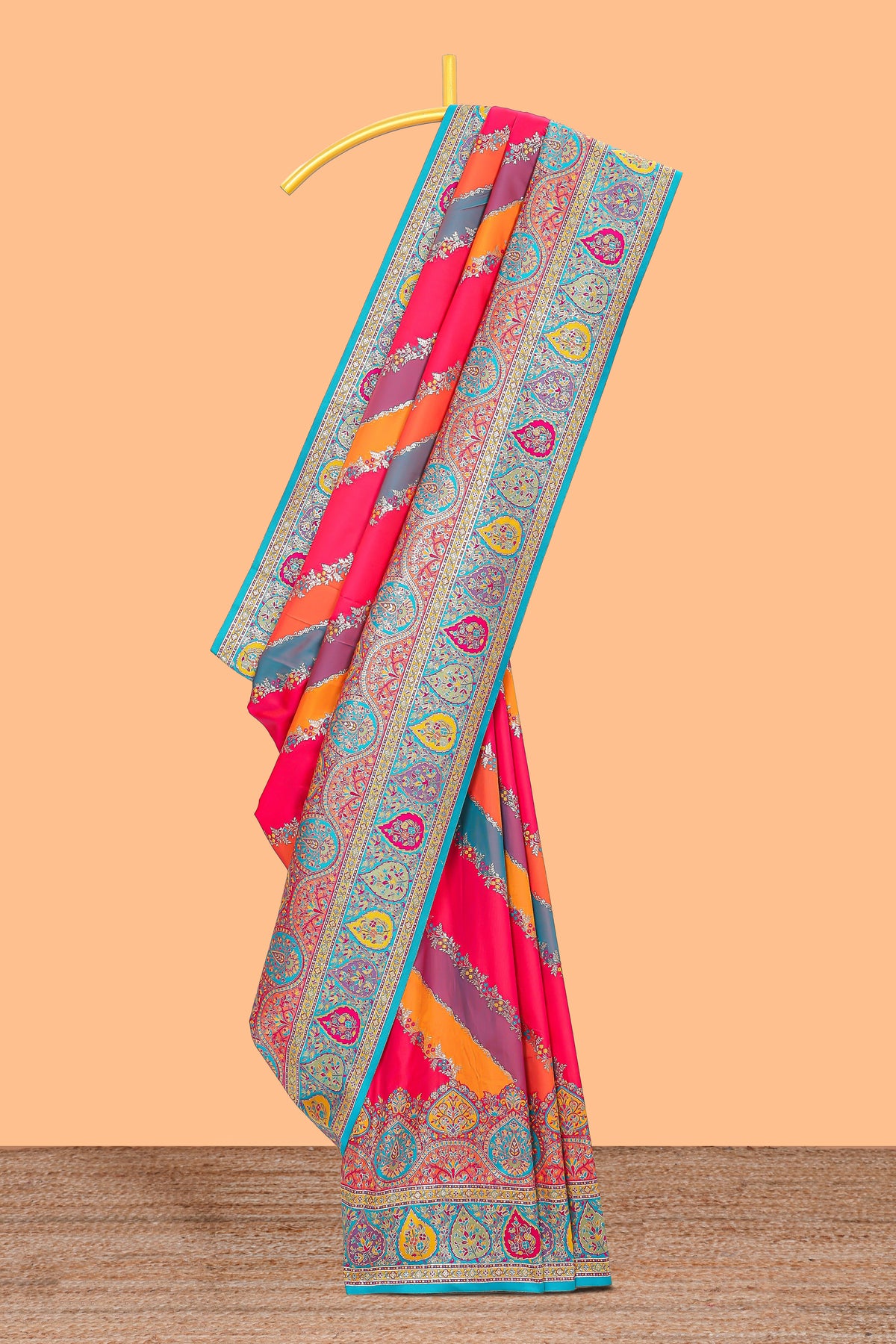 Multicolor floral vines designed banarasi silk saree with intricate contrast leaf motifs border and blouse