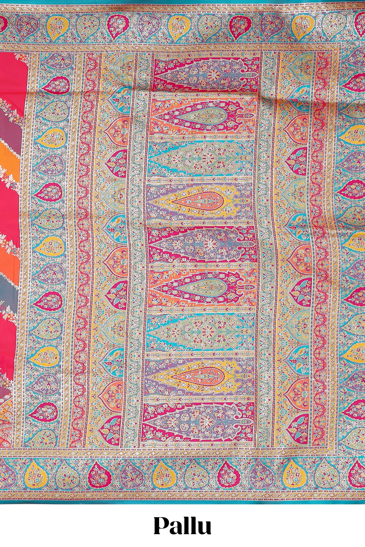 Multicolor floral vines designed banarasi silk saree with intricate contrast leaf motifs border and blouse