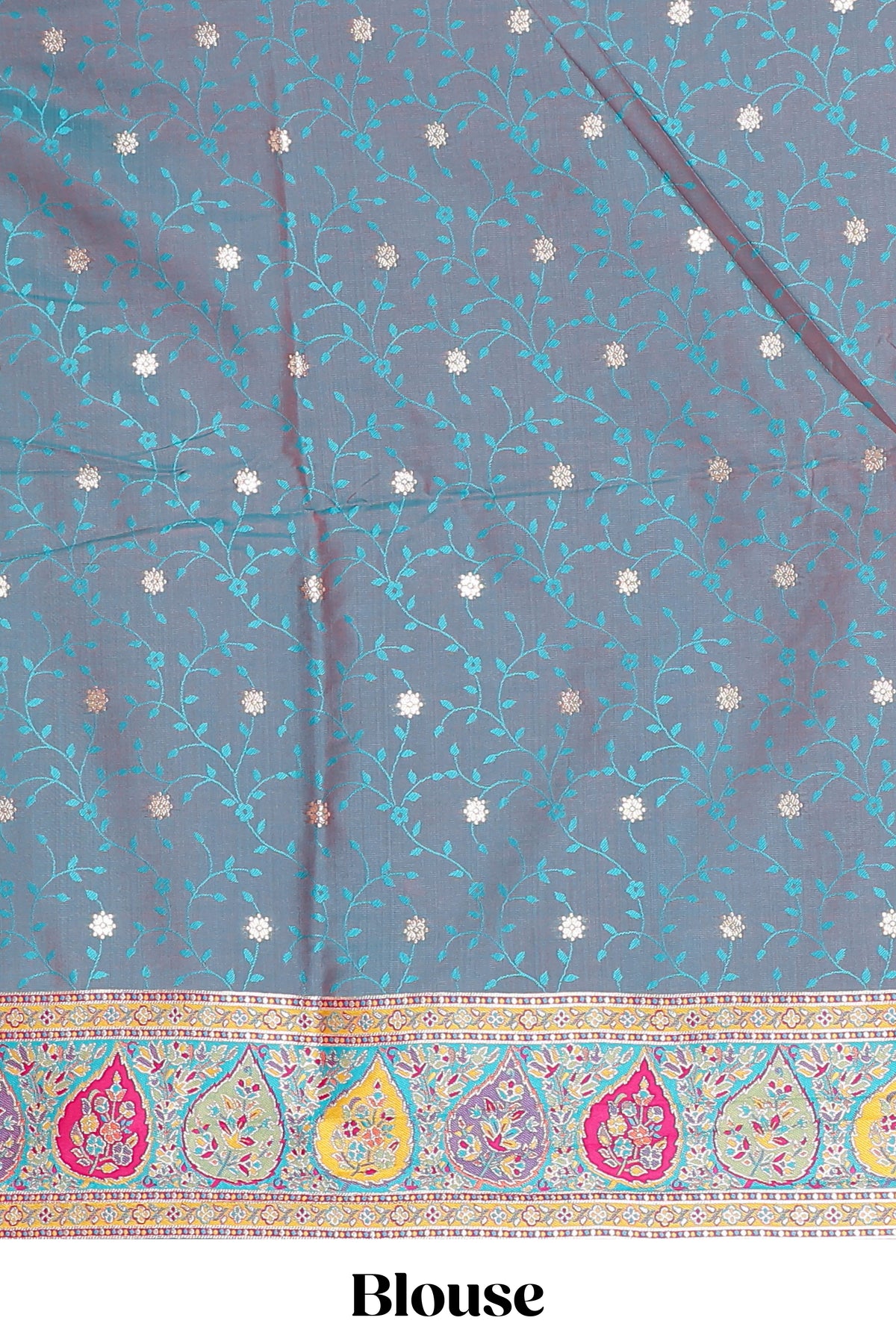 Multicolor floral vines designed banarasi silk saree with intricate contrast leaf motifs border and blouse