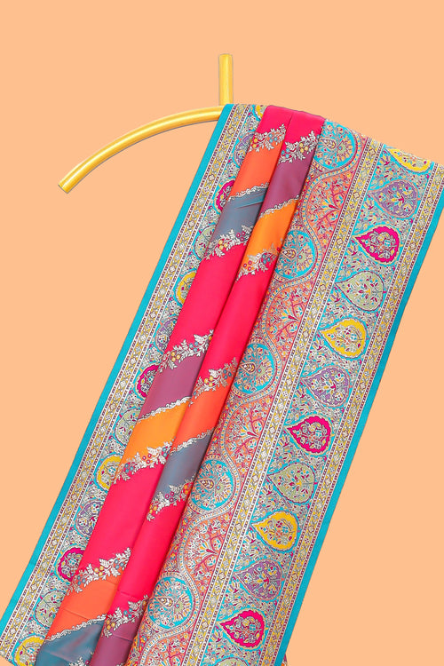 Multicolor floral vines designed banarasi silk saree with intricate contrast leaf motifs border and blouse