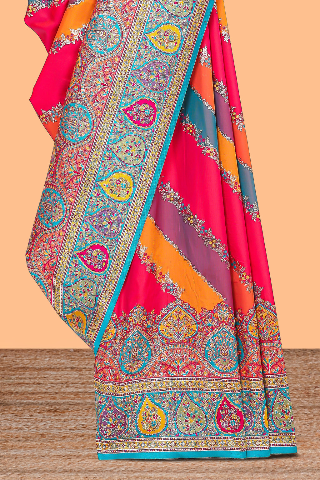 Multicolor floral vines designed banarasi silk saree with intricate contrast leaf motifs border and blouse