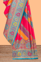 Multicolor floral vines designed banarasi silk saree with intricate contrast leaf motifs border and blouse