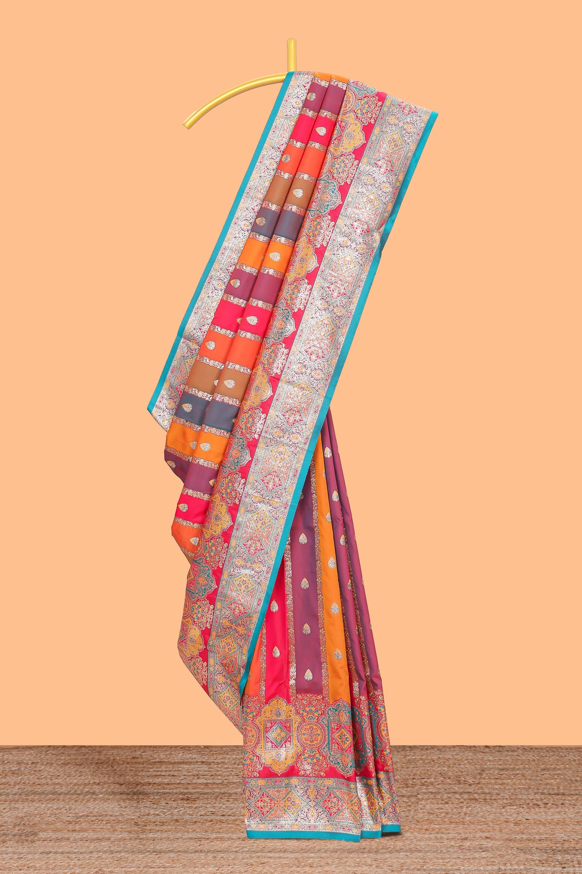 Multicolor striped banarasi silk saree with intricate contrast zari border and blouse