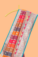 Multicolor striped banarasi silk saree with intricate contrast zari border and blouse