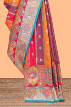 Multicolor striped banarasi silk saree with intricate contrast zari border and blouse