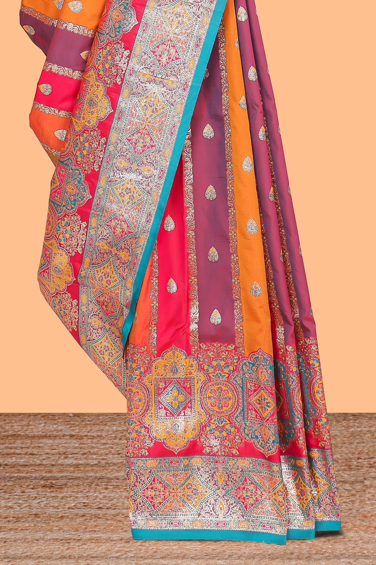 Multicolor striped banarasi silk saree with intricate contrast zari border and blouse