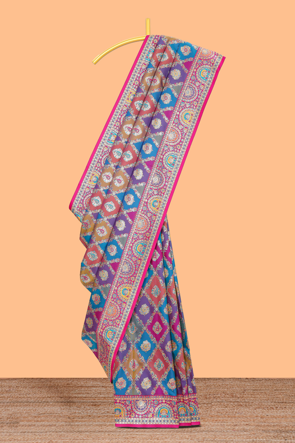 Multicolor geometric designed banarasi silk saree with contrast floral zari border and blouse