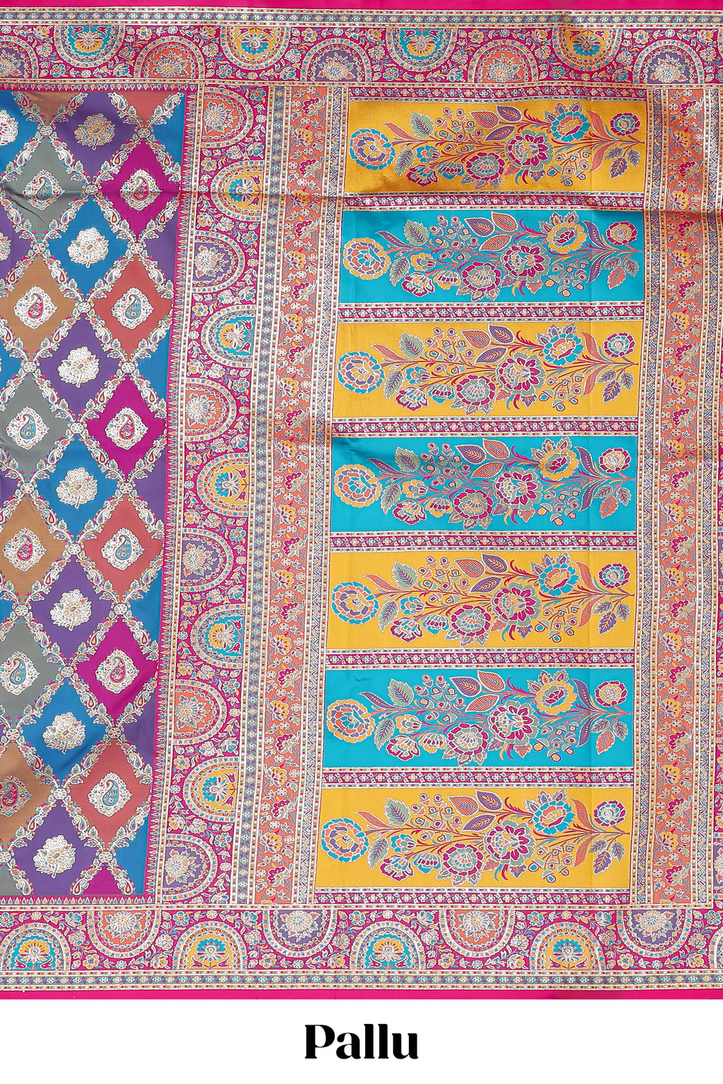 Multicolor geometric designed banarasi silk saree with contrast floral zari border and blouse