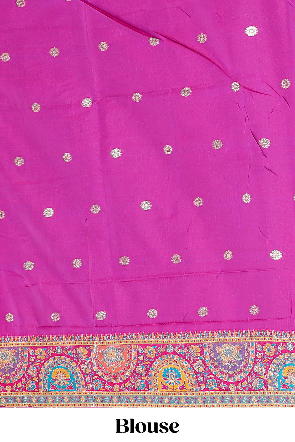 Multicolor geometric designed banarasi silk saree with contrast floral zari border and blouse
