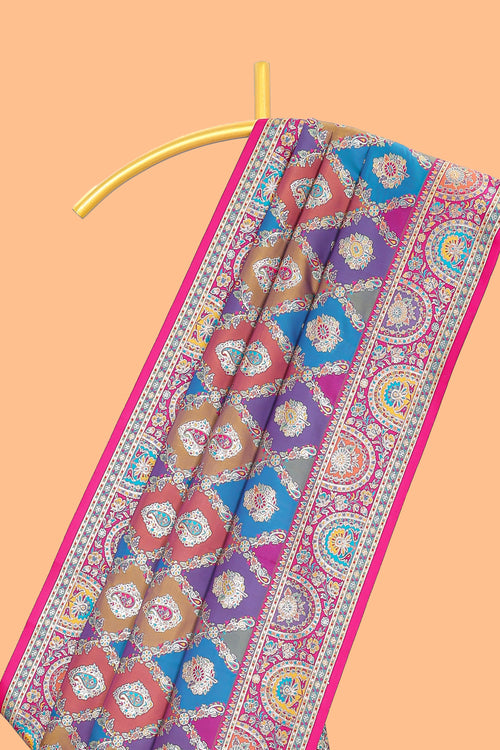 Multicolor geometric designed banarasi silk saree with contrast floral zari border and blouse