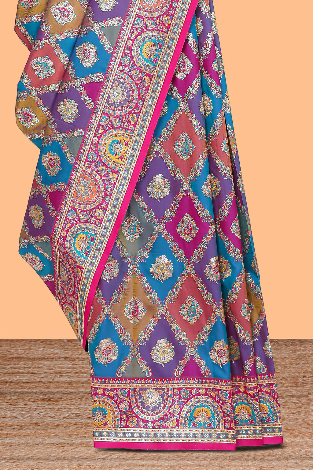 Multicolor geometric designed banarasi silk saree with contrast floral zari border and blouse