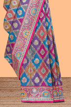 Multicolor geometric designed banarasi silk saree with contrast floral zari border and blouse