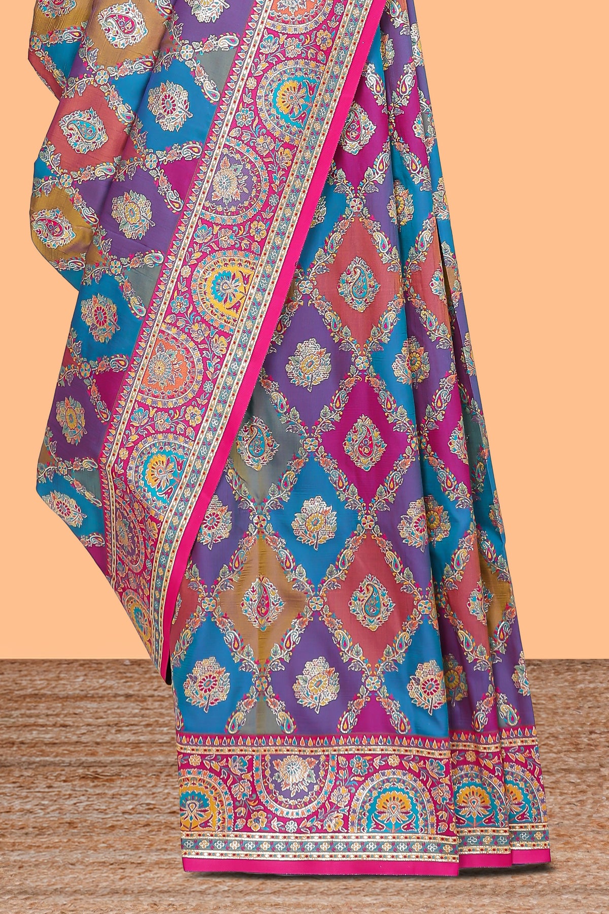 Multicolor geometric designed banarasi silk saree with contrast floral zari border and blouse