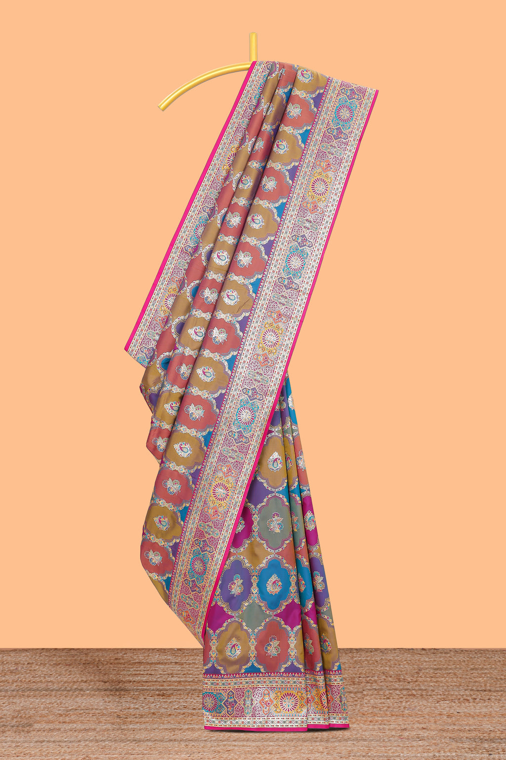 Multicolor geometric tile pattern banarasi silk saree with intricate contrast zari border and blouse