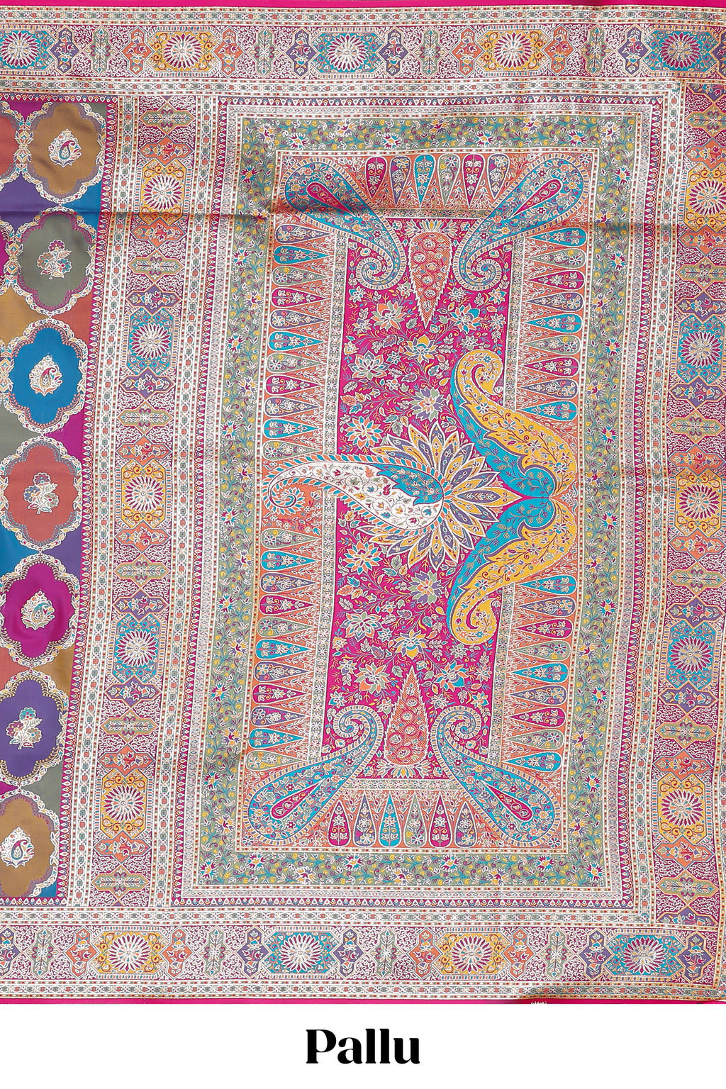 Multicolor geometric tile pattern banarasi silk saree with intricate contrast zari border and blouse