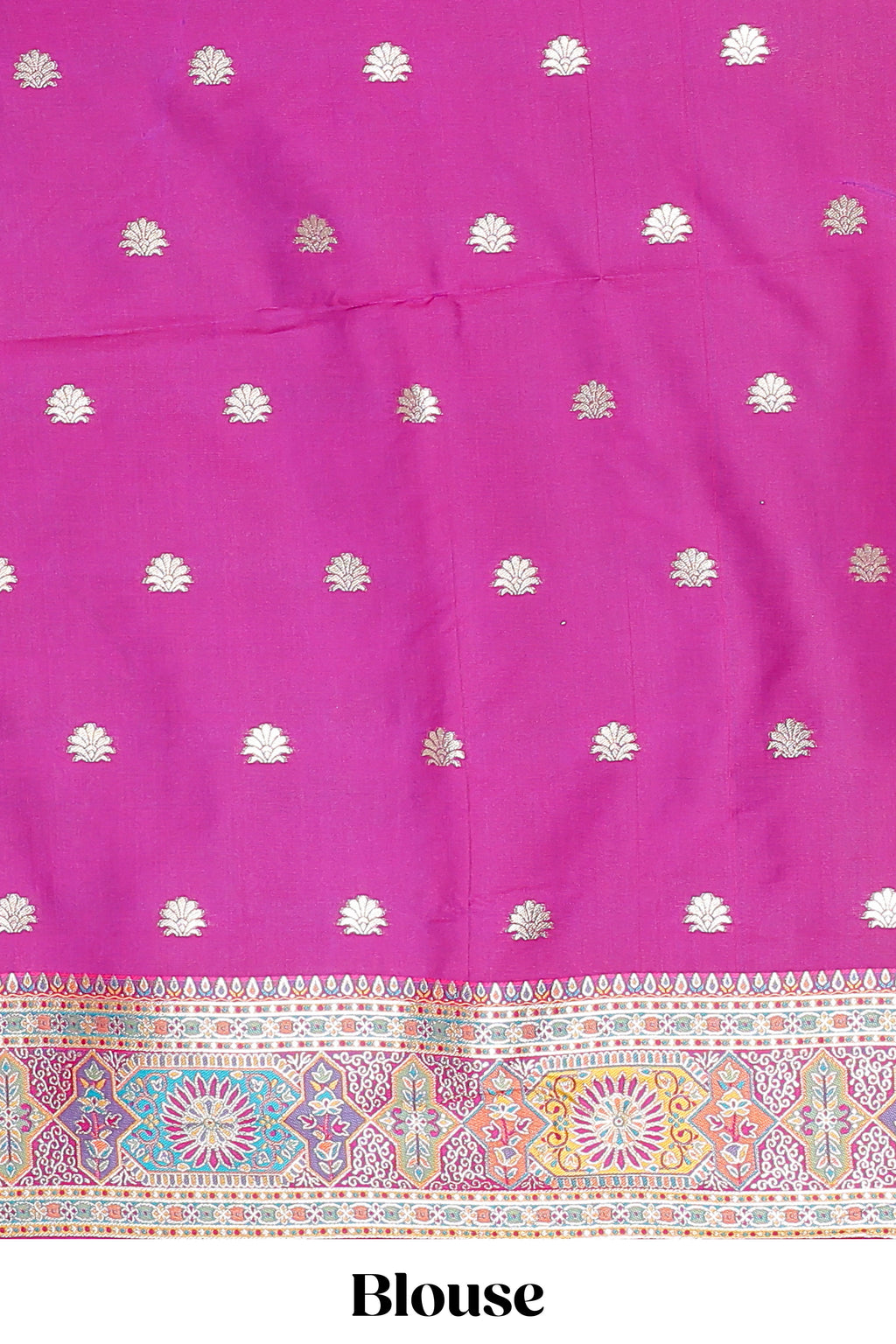 Multicolor geometric tile pattern banarasi silk saree with intricate contrast zari border and blouse