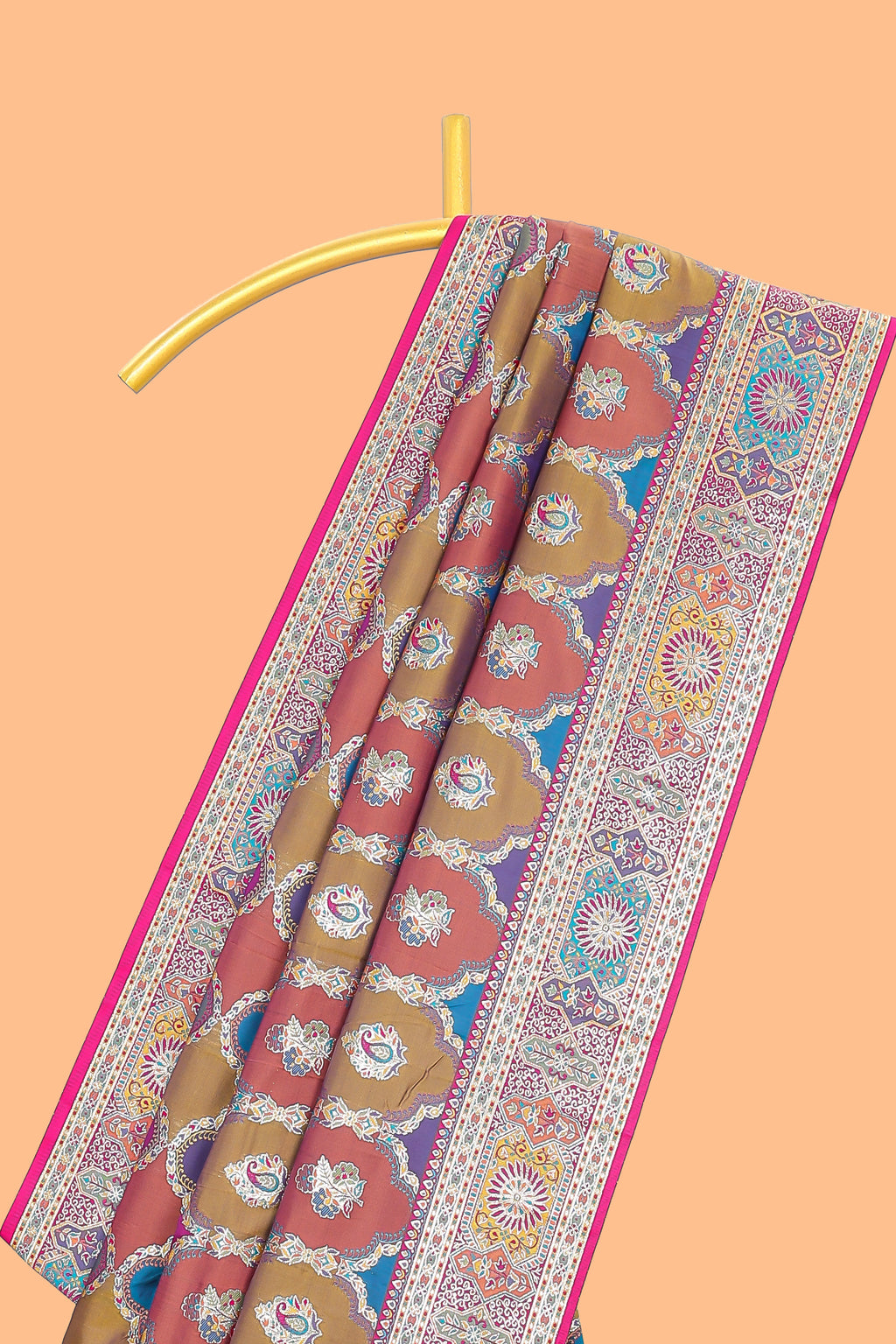 Multicolor geometric tile pattern banarasi silk saree with intricate contrast zari border and blouse