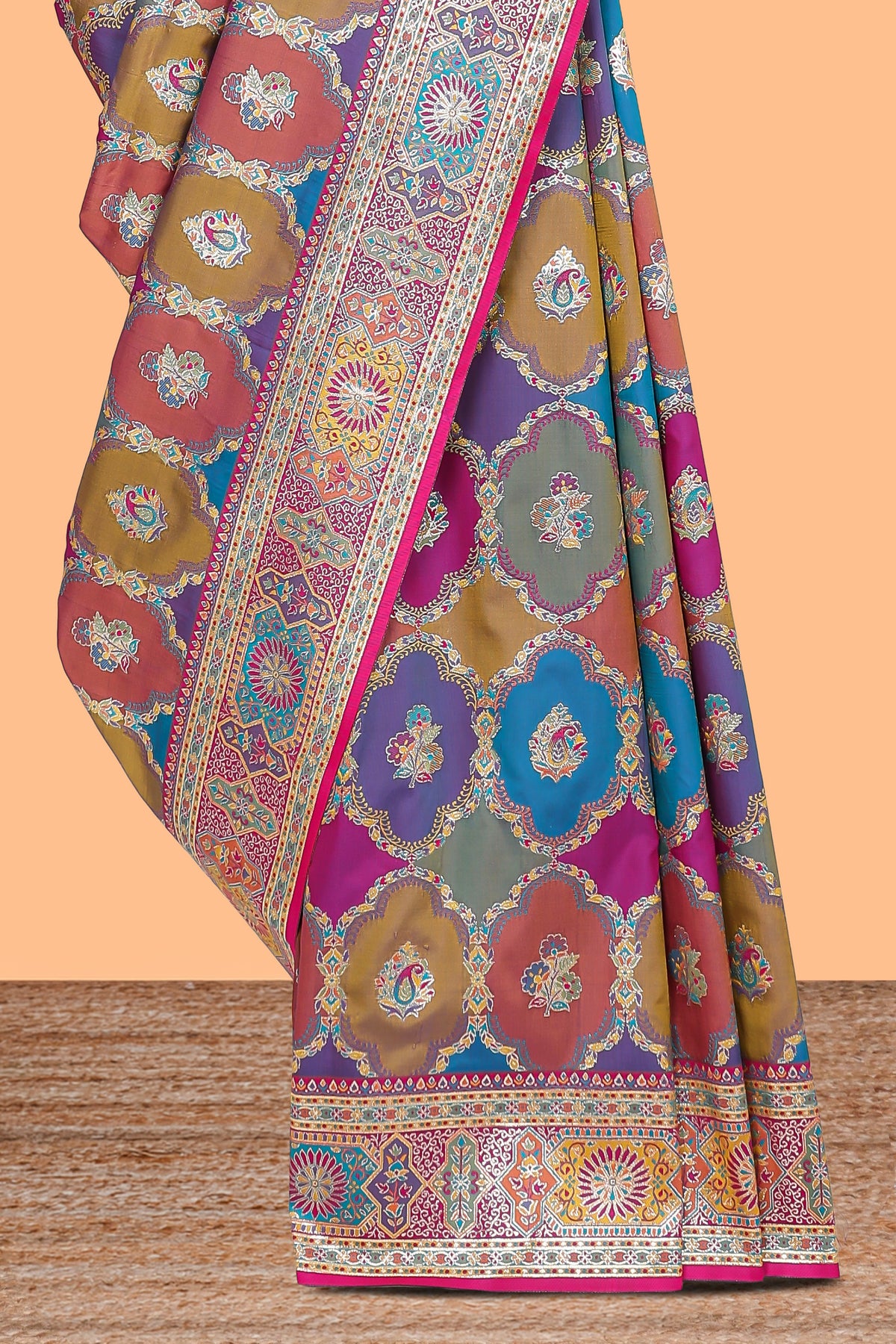Multicolor geometric tile pattern banarasi silk saree with intricate contrast zari border and blouse