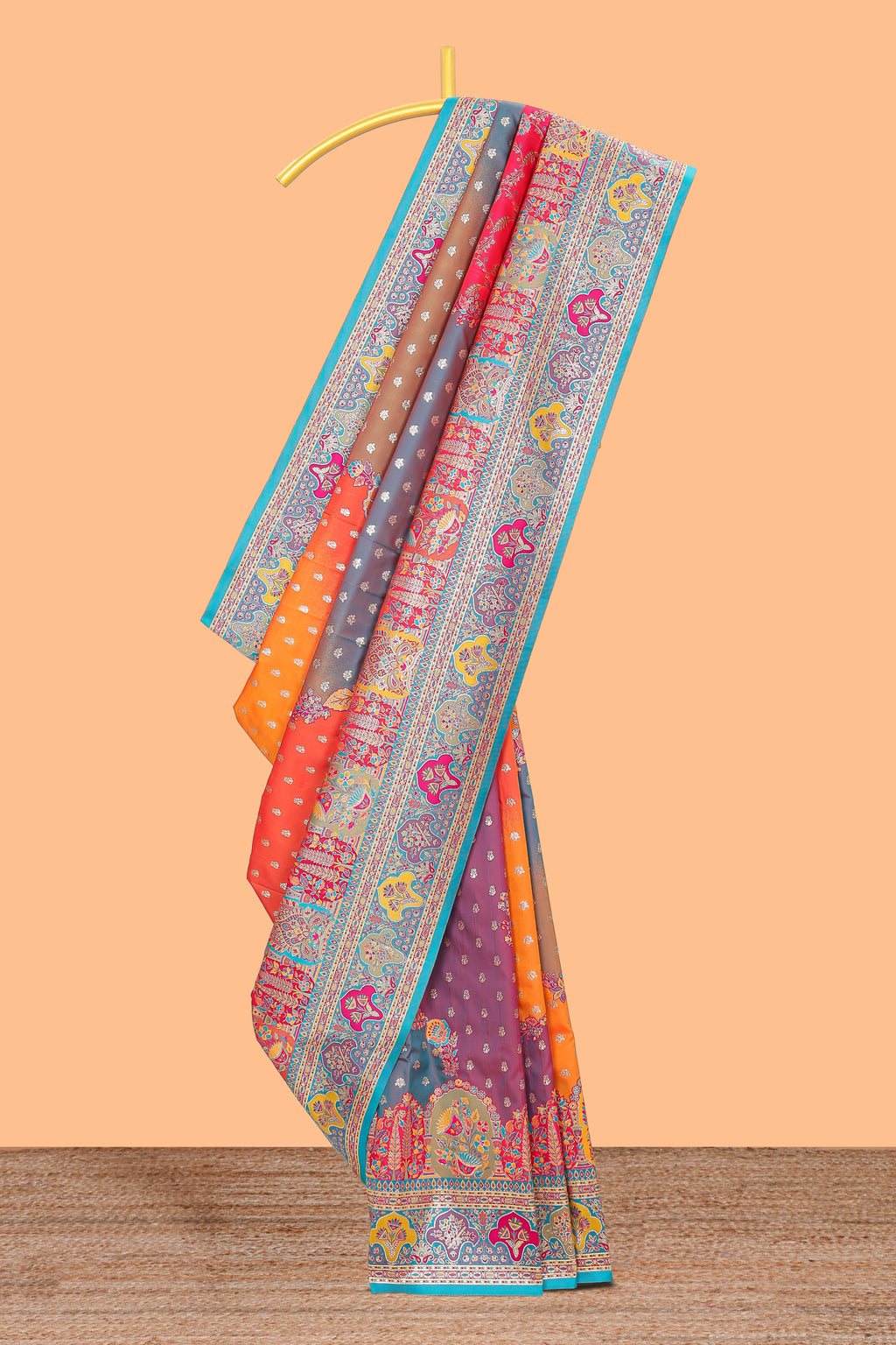 Multicolor unique designed banarasi silk saree with contrast floral zari border and blouse