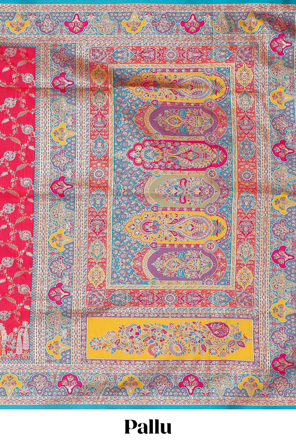 Multicolor unique designed banarasi silk saree with contrast floral zari border and blouse