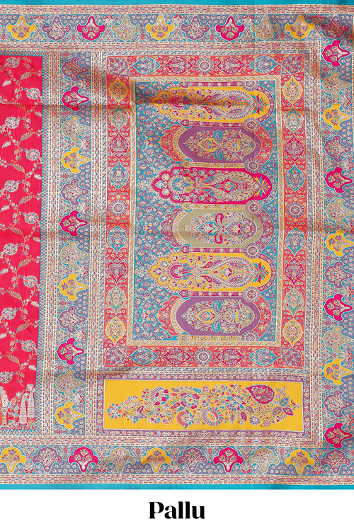 Multicolor unique designed banarasi silk saree with contrast floral zari border and blouse