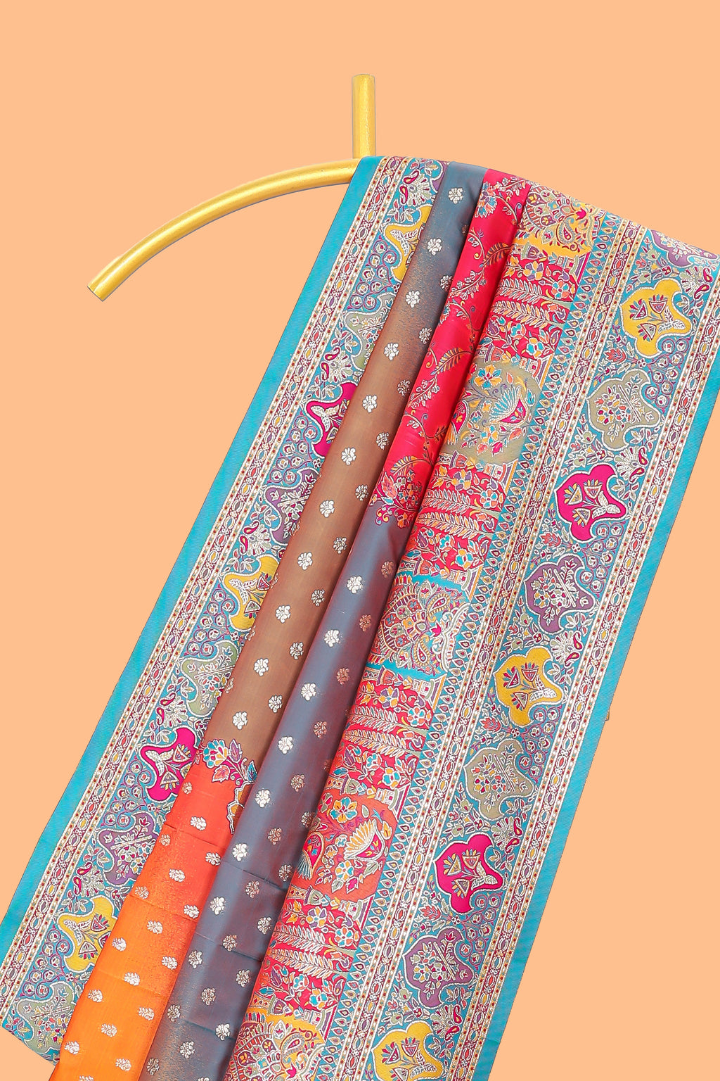 Multicolor unique designed banarasi silk saree with contrast floral zari border and blouse