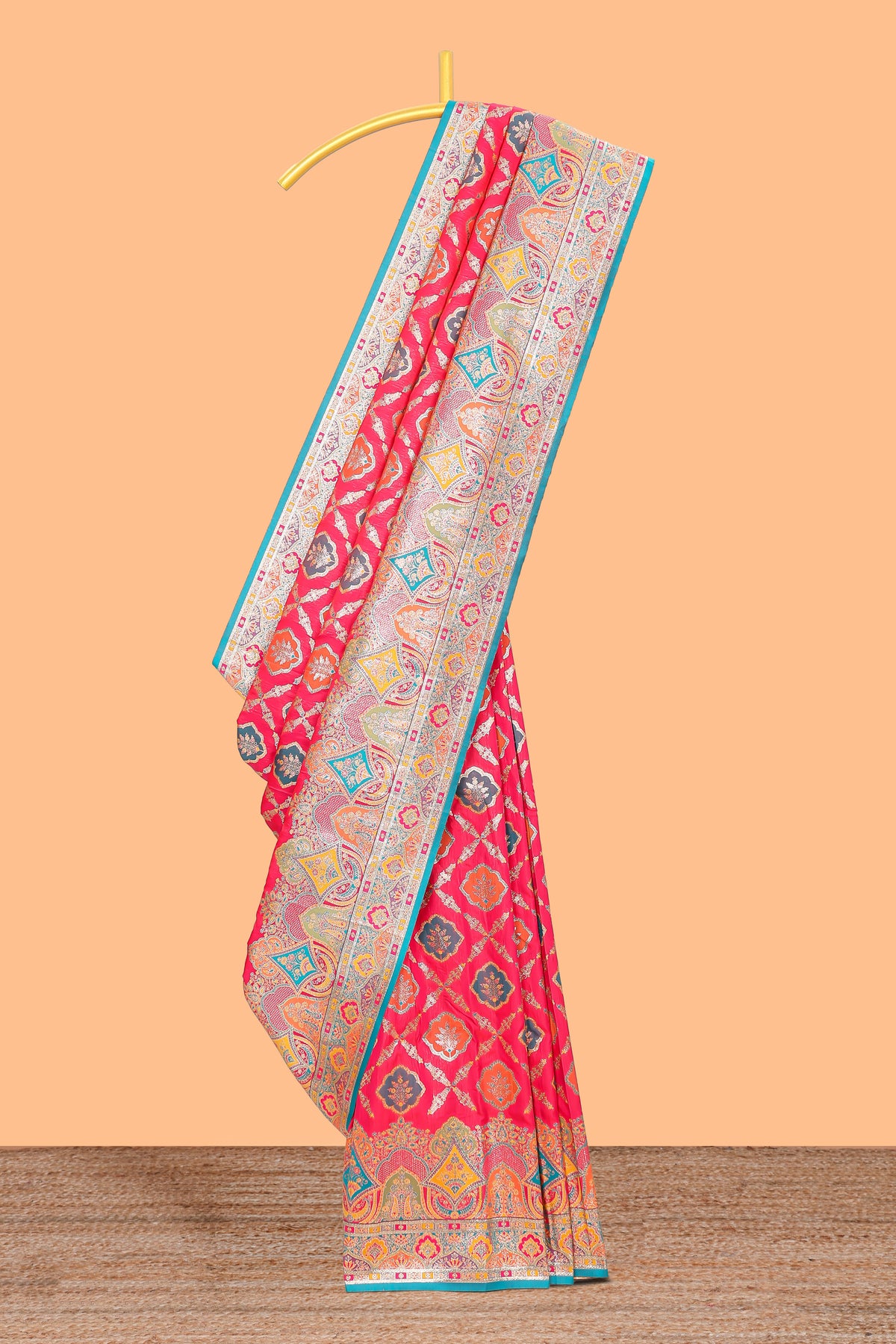 Bright red geometric tile pattern banarasi silk saree with intricate contrast zari border and blouse