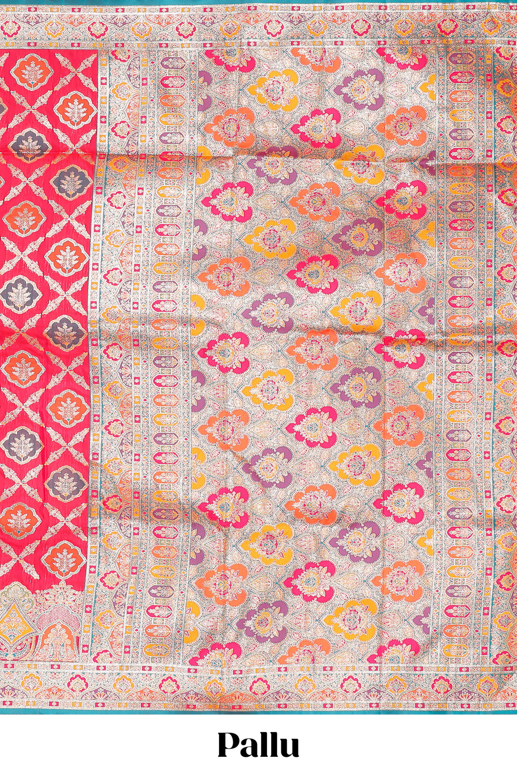Bright red geometric tile pattern banarasi silk saree with intricate contrast zari border and blouse