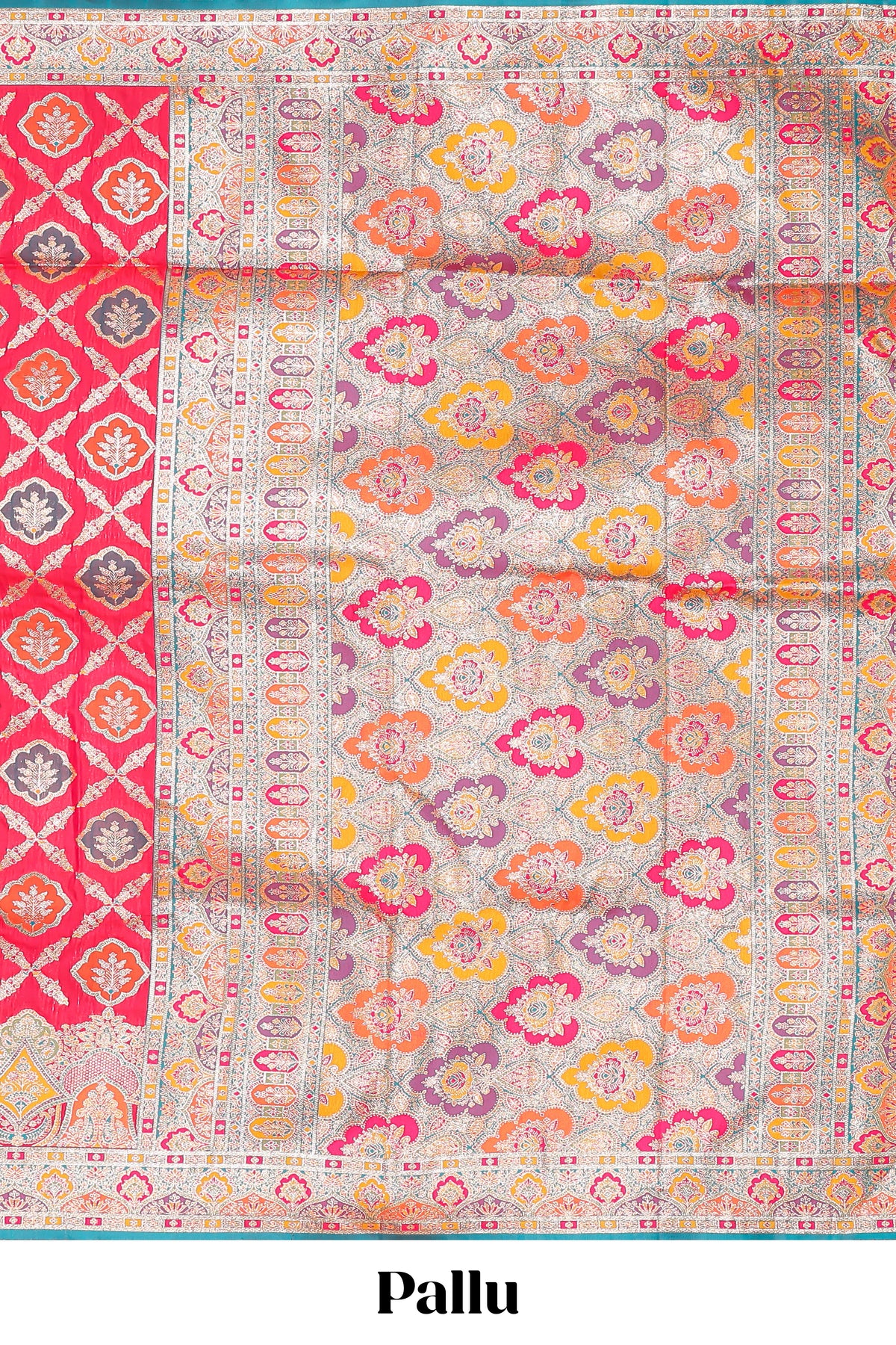 Bright red geometric tile pattern banarasi silk saree with intricate contrast zari border and blouse