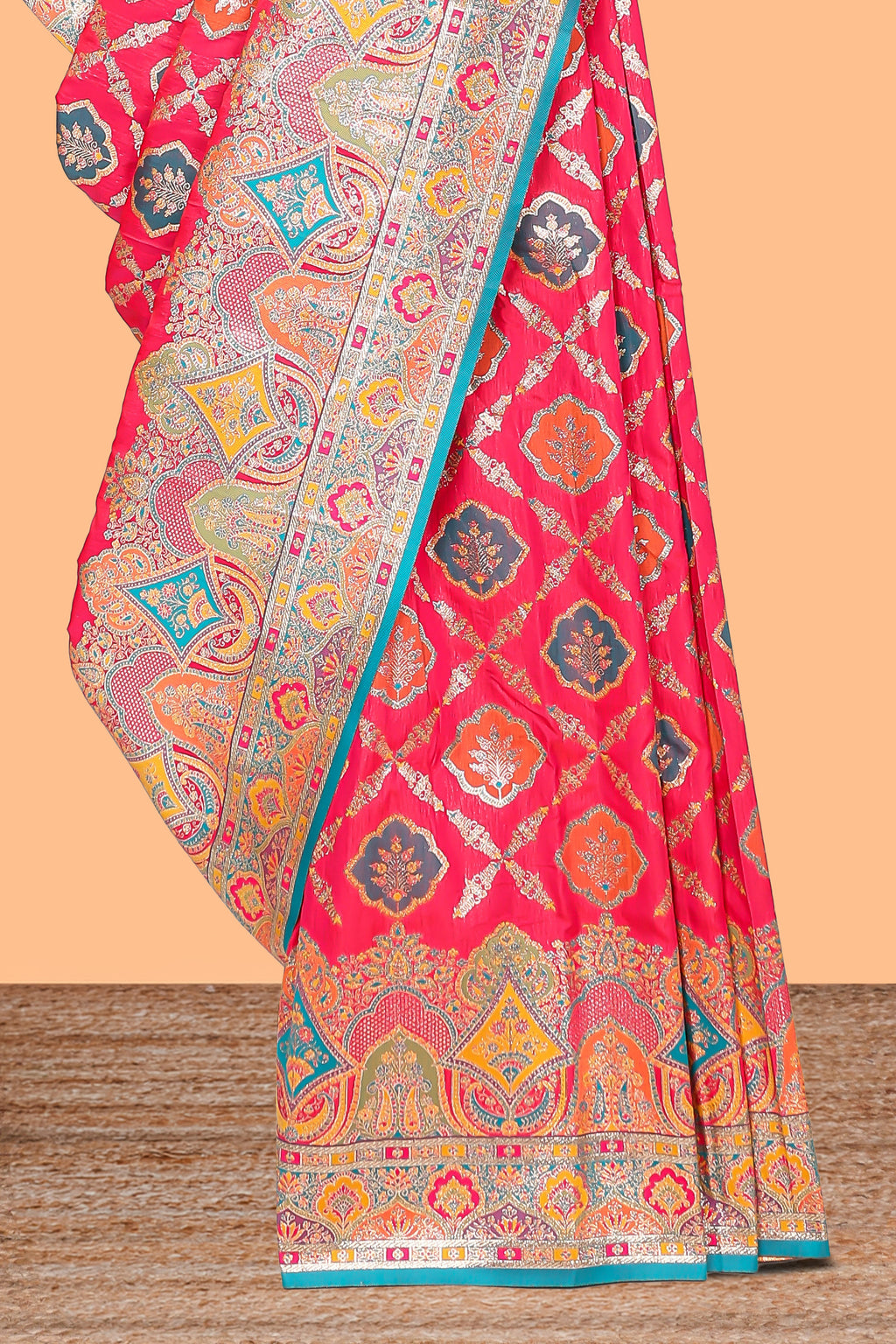 Bright red geometric tile pattern banarasi silk saree with intricate contrast zari border and blouse