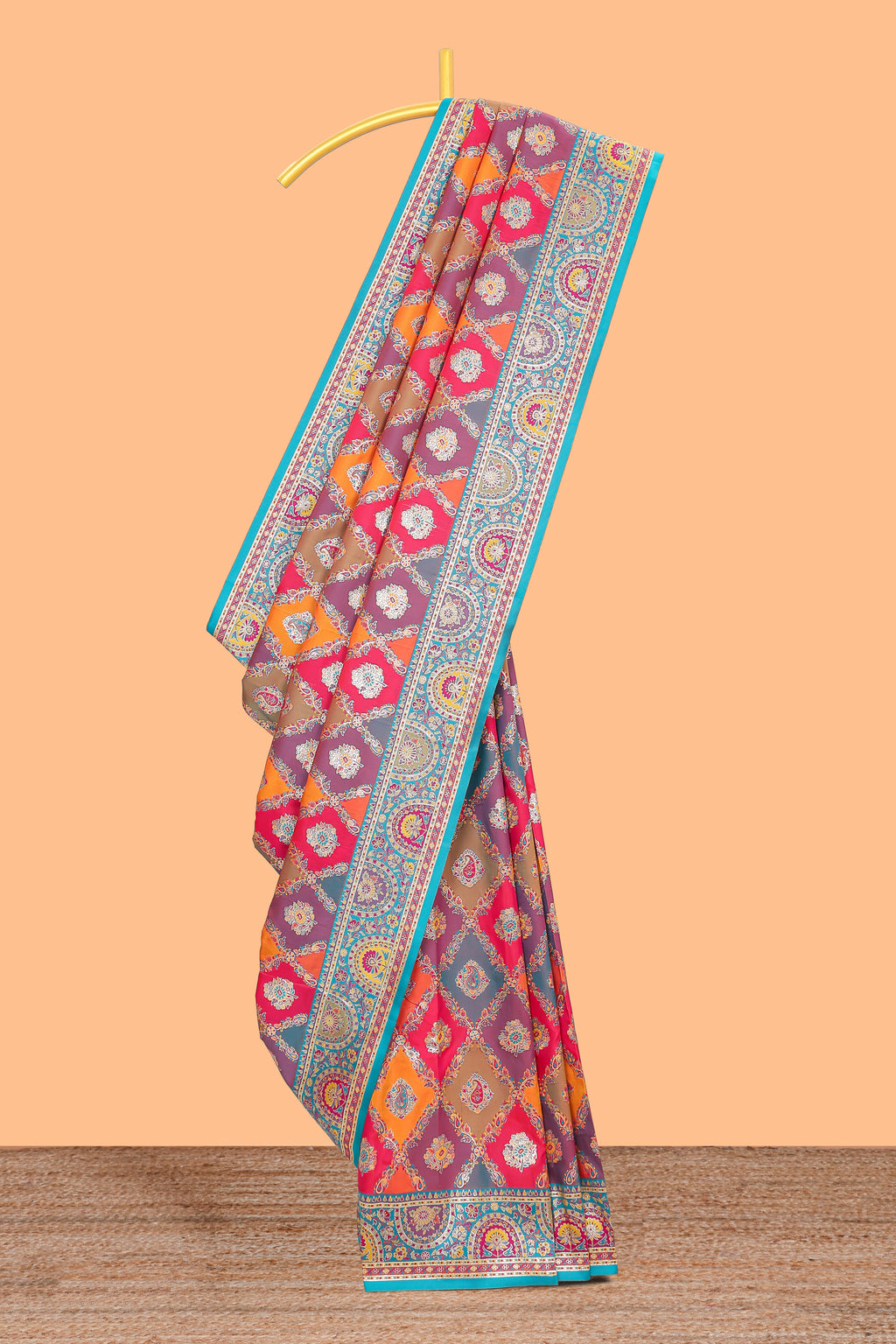 Multicolor geometric tile pattern banarasi silk saree with intricate contrast zari border and blouse