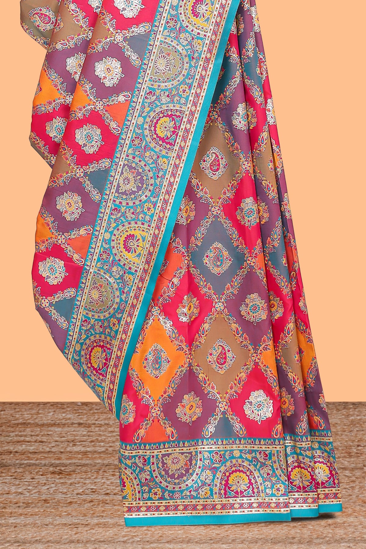 Multicolor geometric tile pattern banarasi silk saree with intricate contrast zari border and blouse