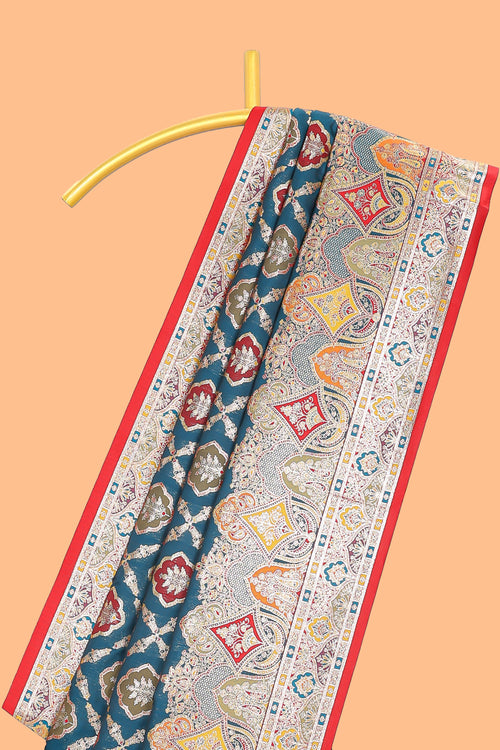 Muted slate blue geometric tile pattern banarasi silk saree with intricate contrast zari border and blouse